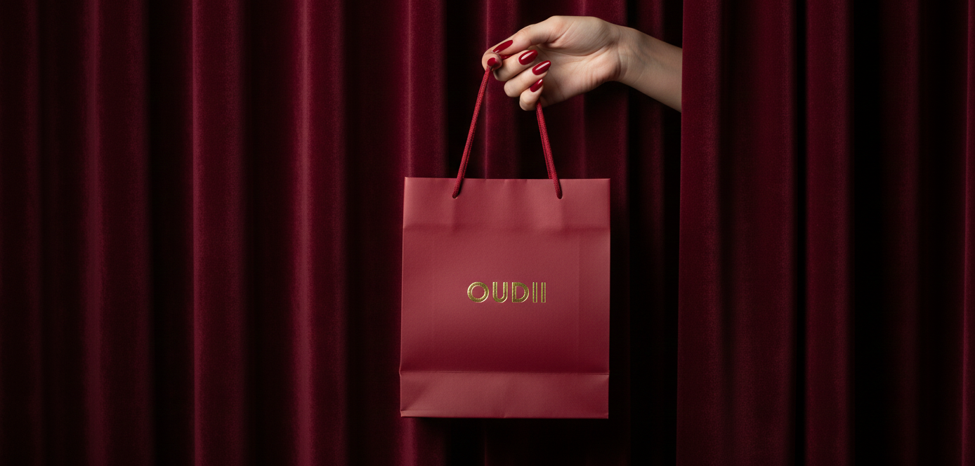 Red shopping bag with 'oudii' branding held by a hand against a red curtain background